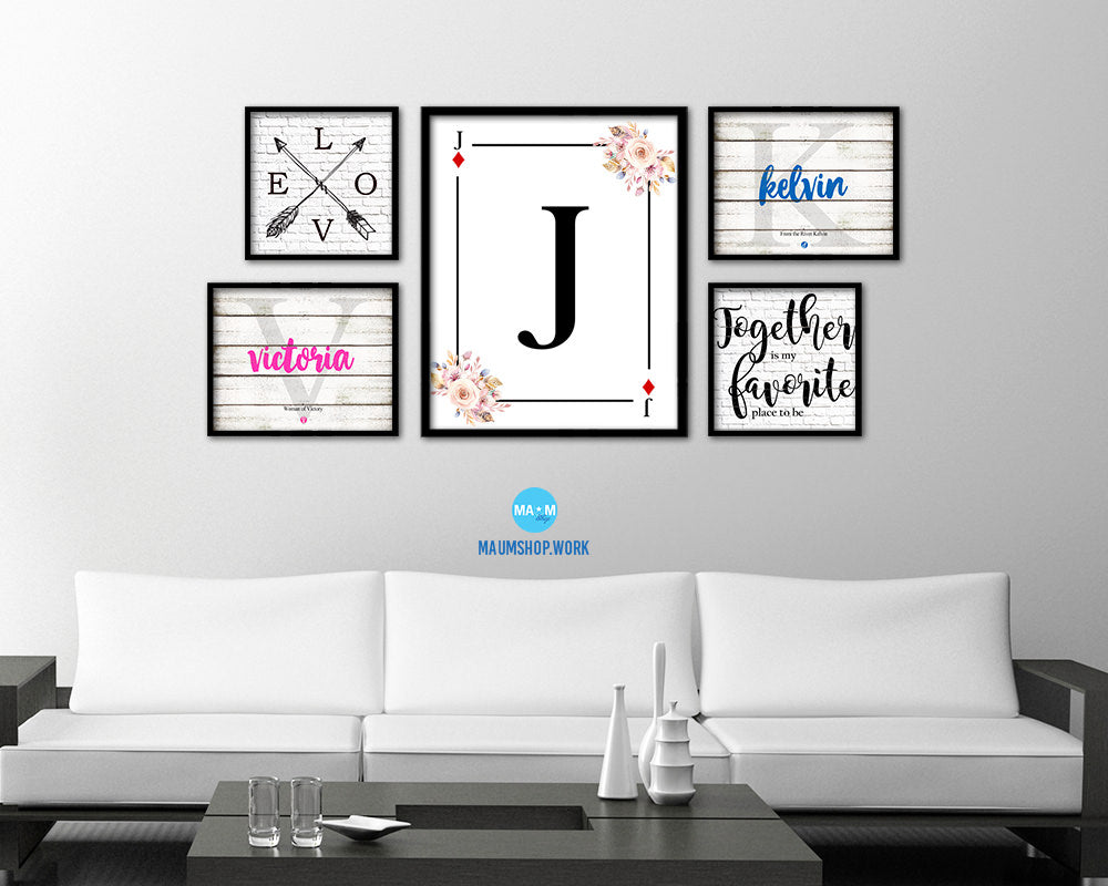 Letter J Personalized Boho Monogram Diamond Card Decks Framed Print Wall Art Decor Gifts