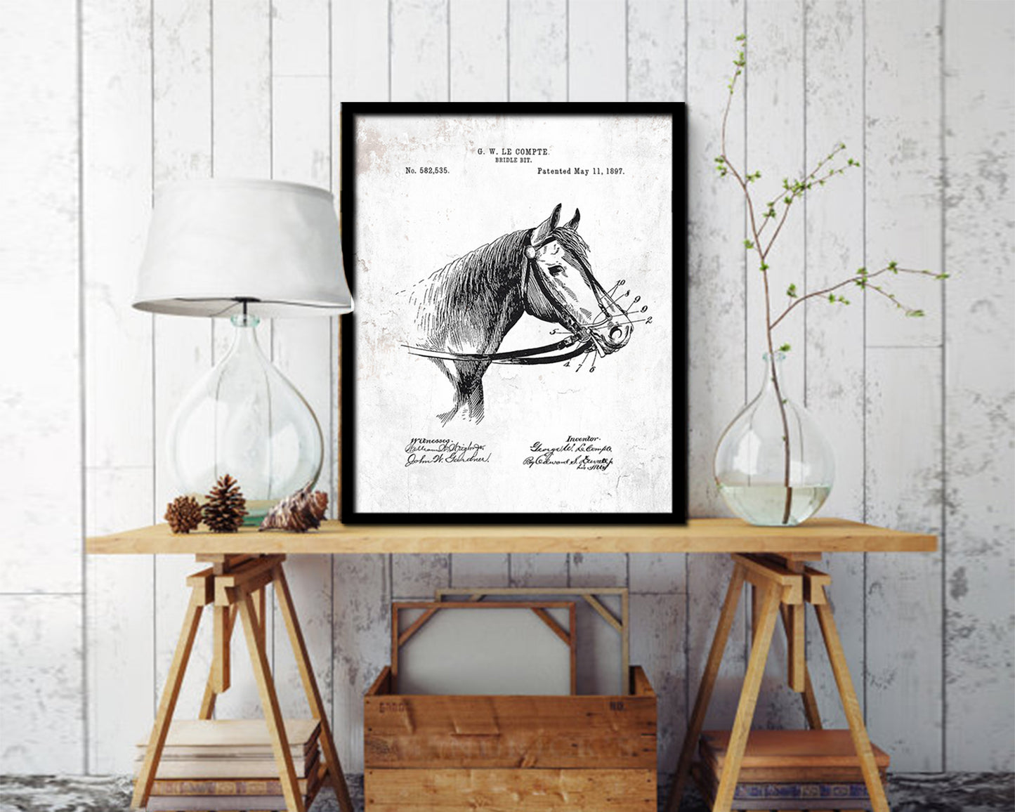 Horse Bridle Bit Farming Vintage Patent Artwork Black Frame Print Gifts