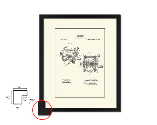 Reel Fishing Vintage Patent Artwork Black Frame Print Wall Art Decor Gifts