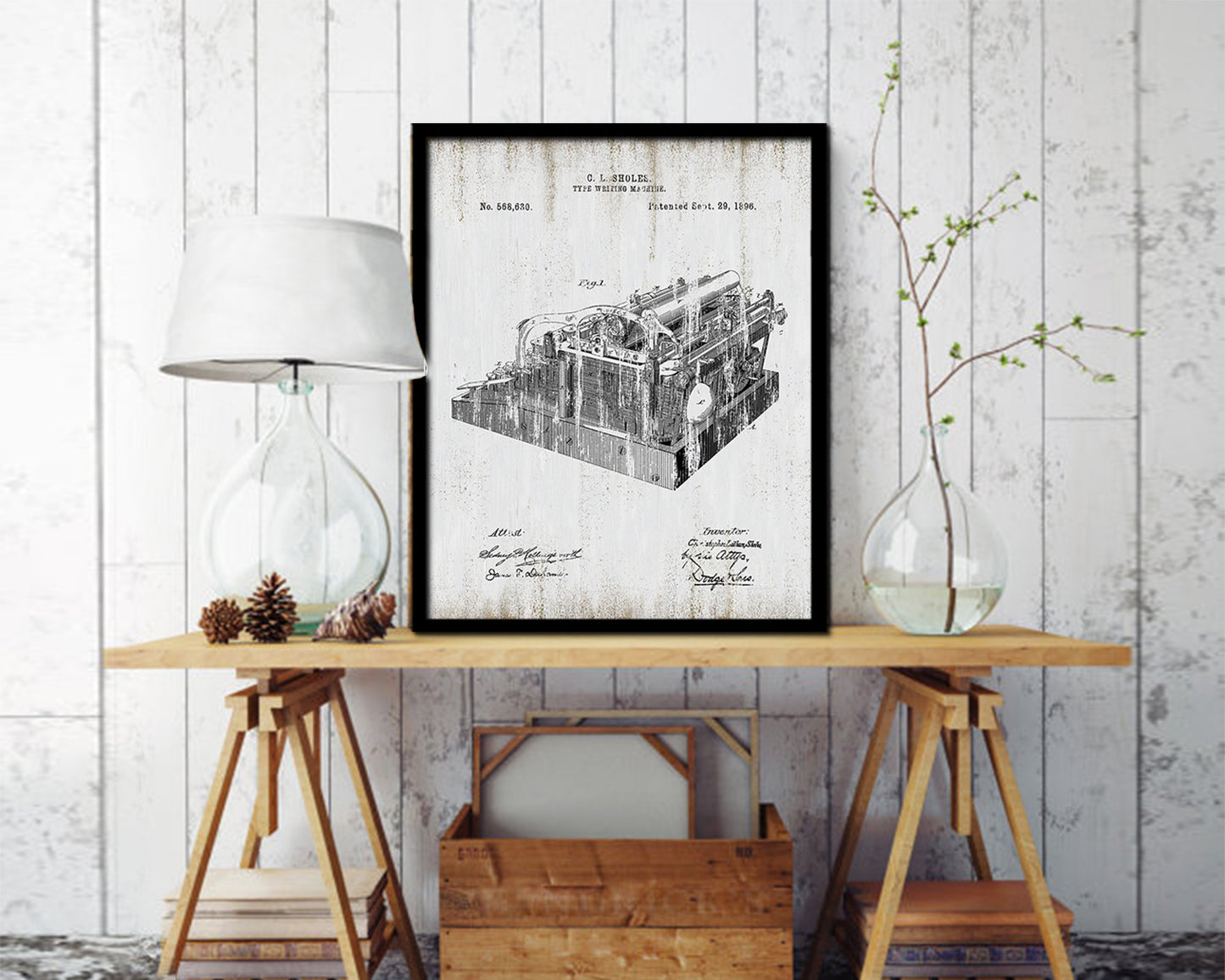 Type Writing Machine Tools Vintage Patent Artwork Black Frame Print Gifts