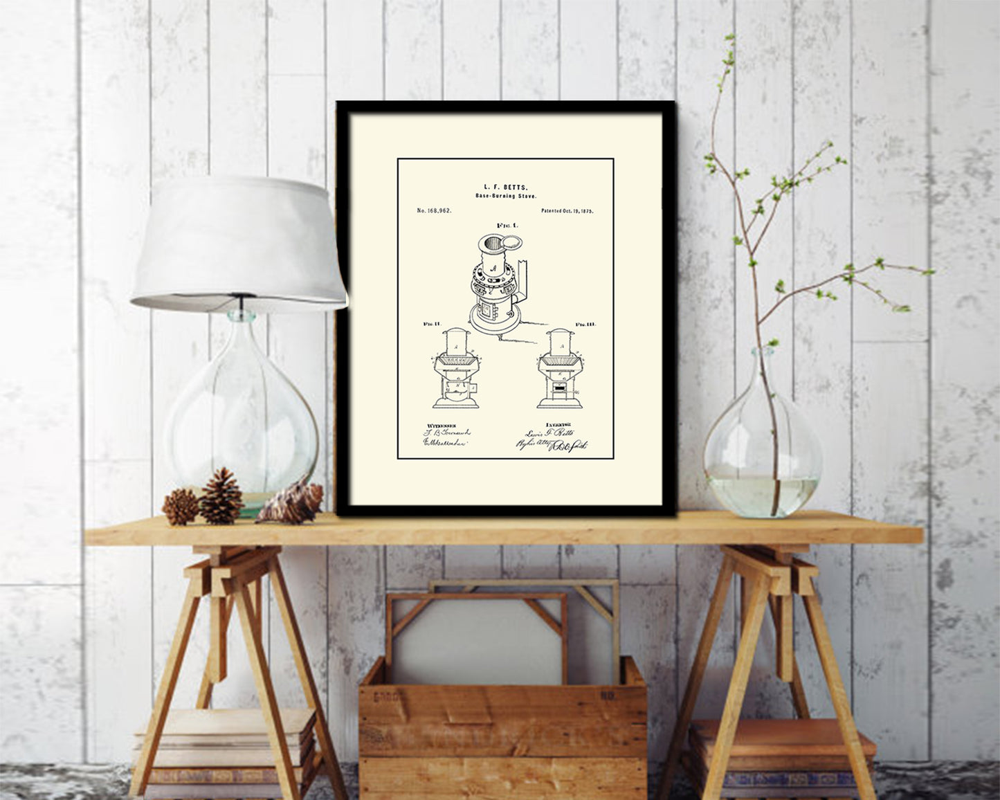 Base Burning Stove Kitchen Vintage Patent Artwork Black Frame Print Gifts