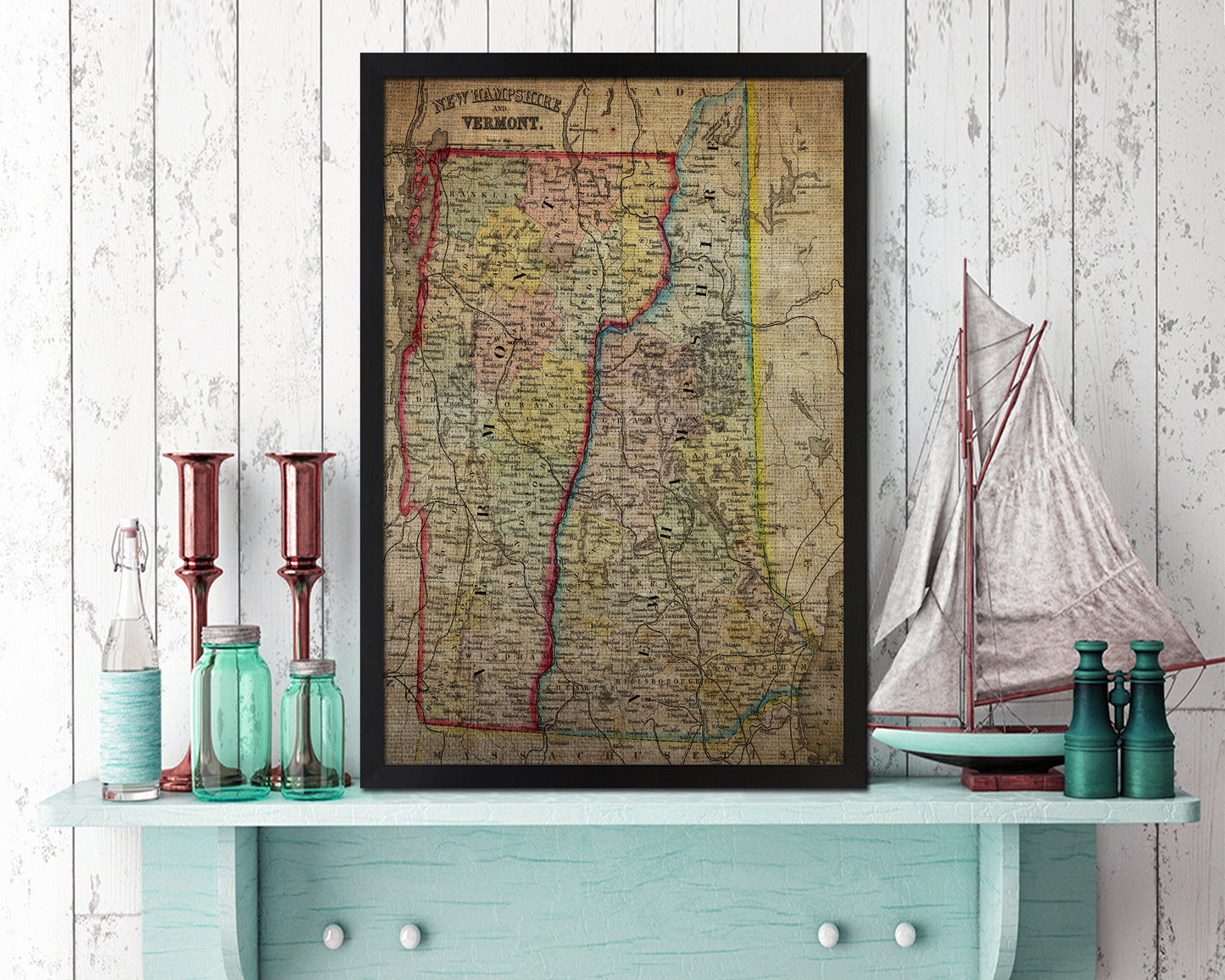 New Hampshire and Vermont Vintage Map Wood Framed Print Art Wall Decor Gifts