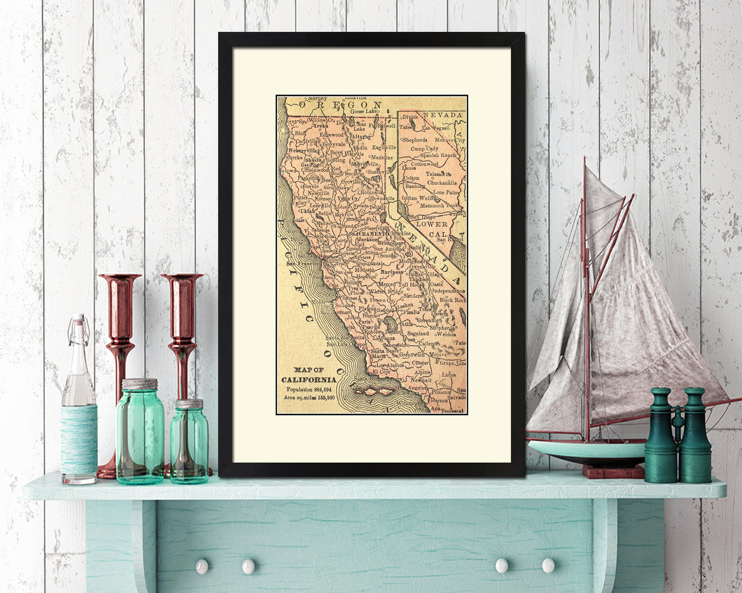 California Circa Old Map Wood Framed Print Art Wall Decor Gifts