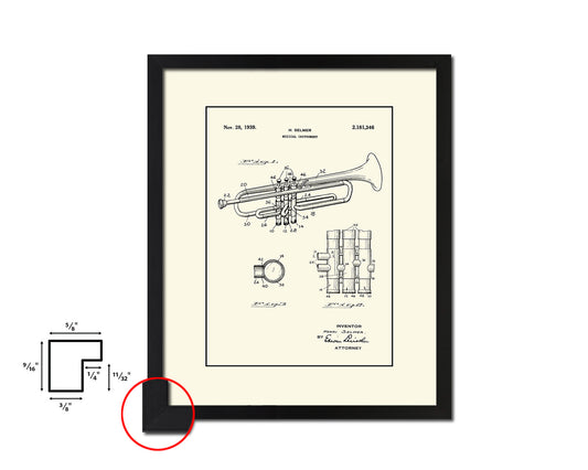 Trumpet Musical Instrument Music Vintage Patent Artwork Black Frame Print Gifts