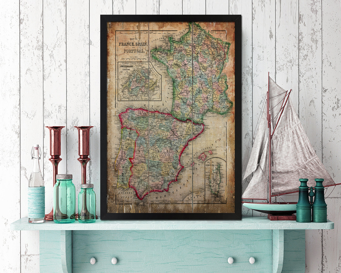 Spain Portugal and France Antique Map Wood Framed Print Art Wall Decor Gifts