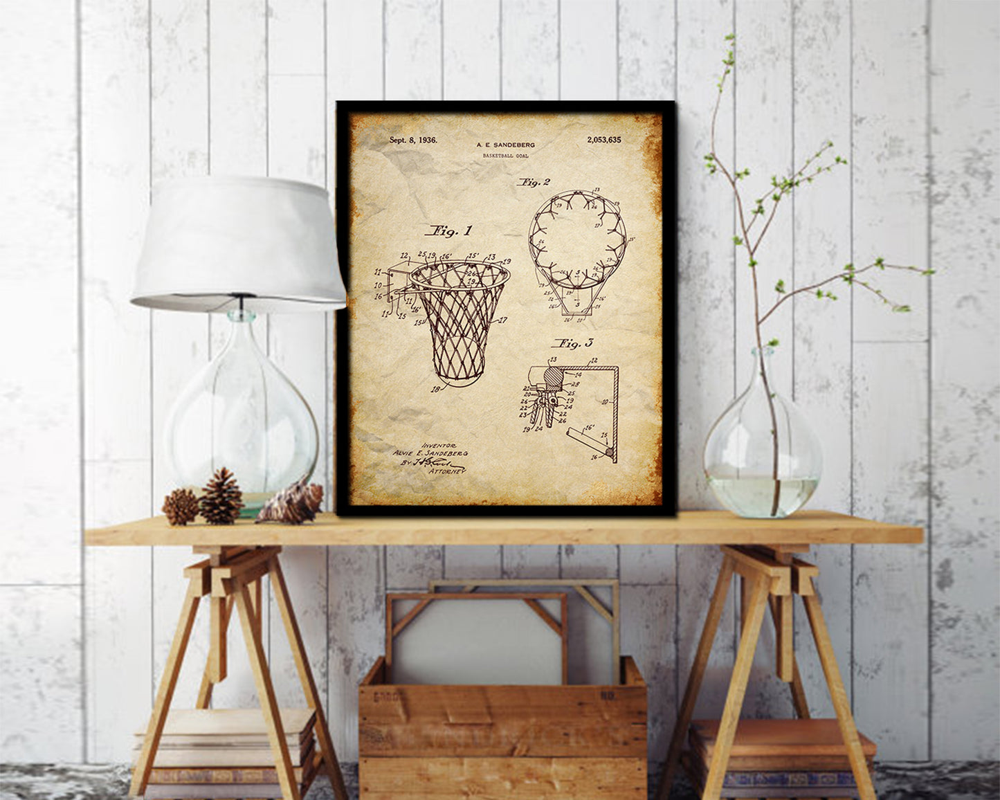 Basketball Goal Hoop and Net Sports Vintage Patent Artwork Walnut Frame Gifts