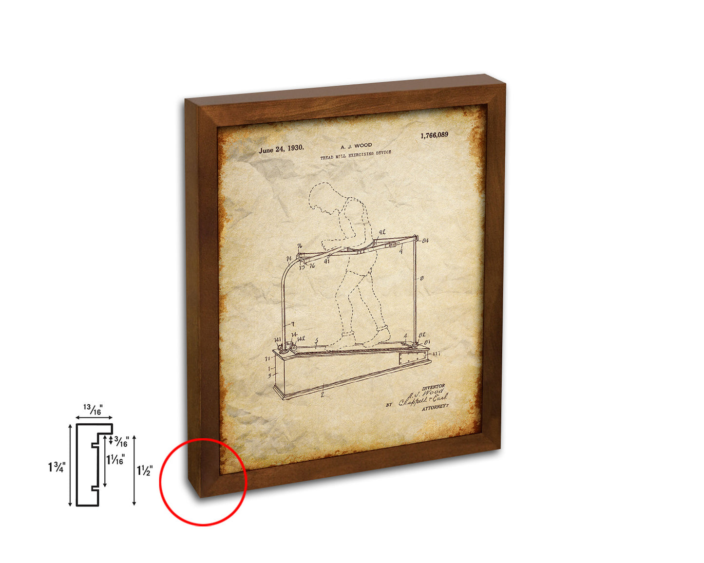 Exercise Treadmill Sports Vintage Patent Artwork Walnut Frame Gifts