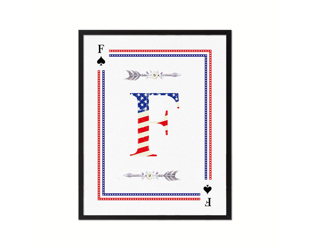 Letter F Custom Monogram Card Decks Spade American Flag Framed Print Wall Art Decor Gifts