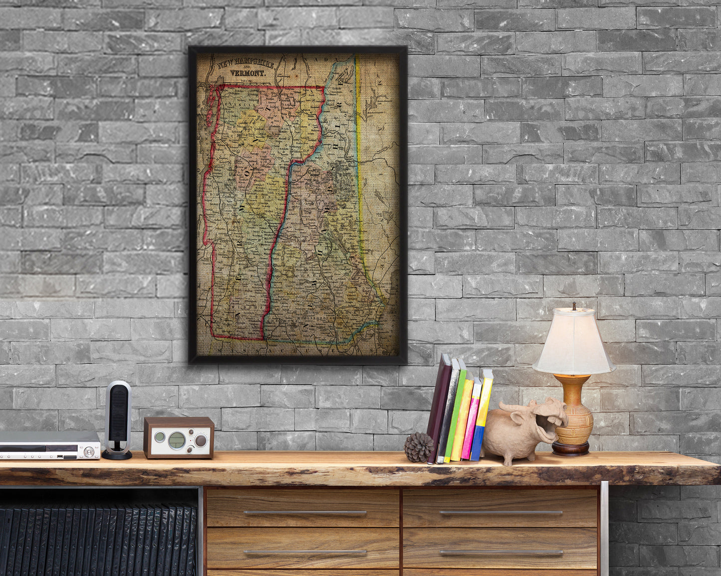 New Hampshire and Vermont Vintage Map Wood Framed Print Art Wall Decor Gifts