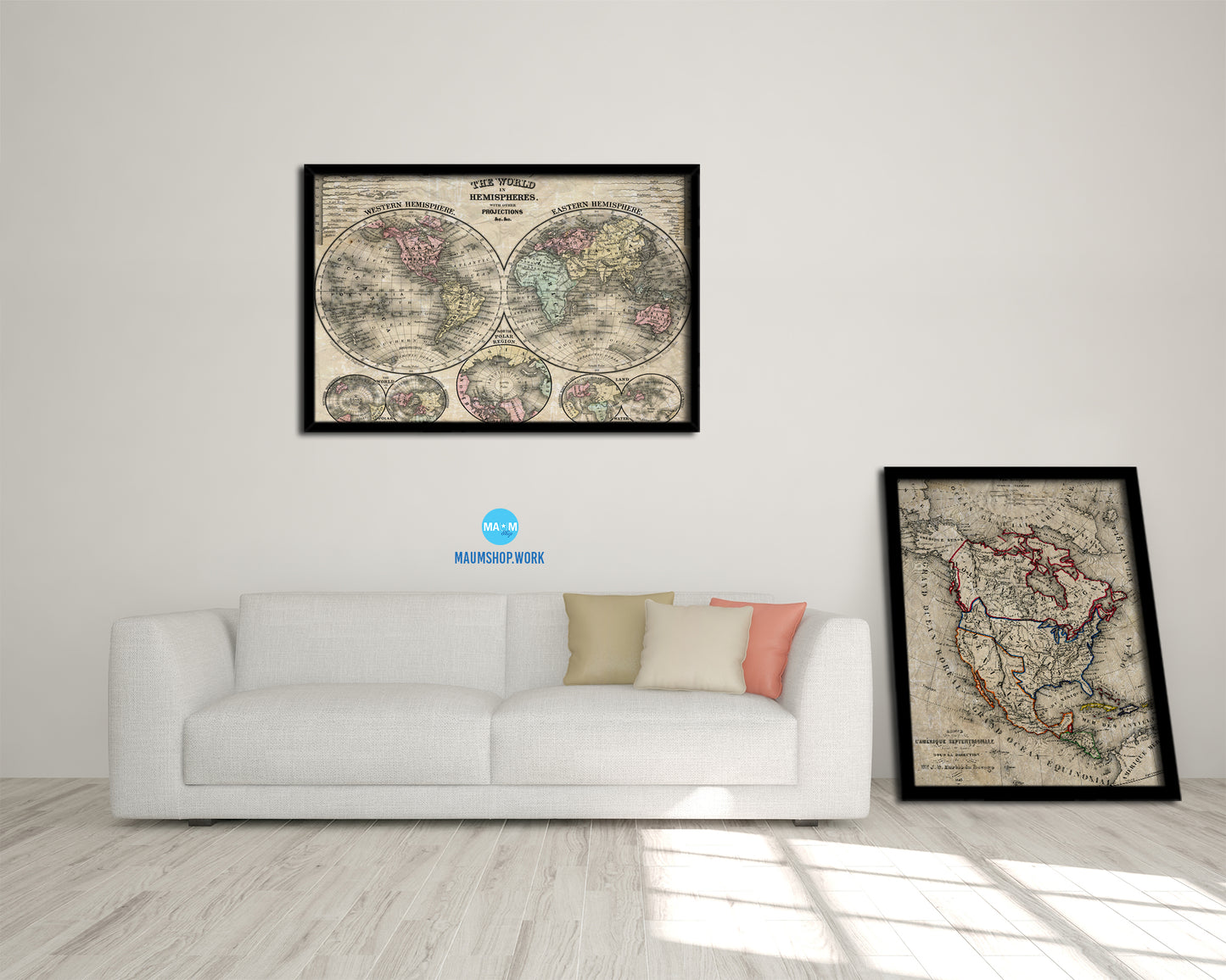 World Hemispheres 1870 Historical Map Framed Print Art Wall Decor Gifts