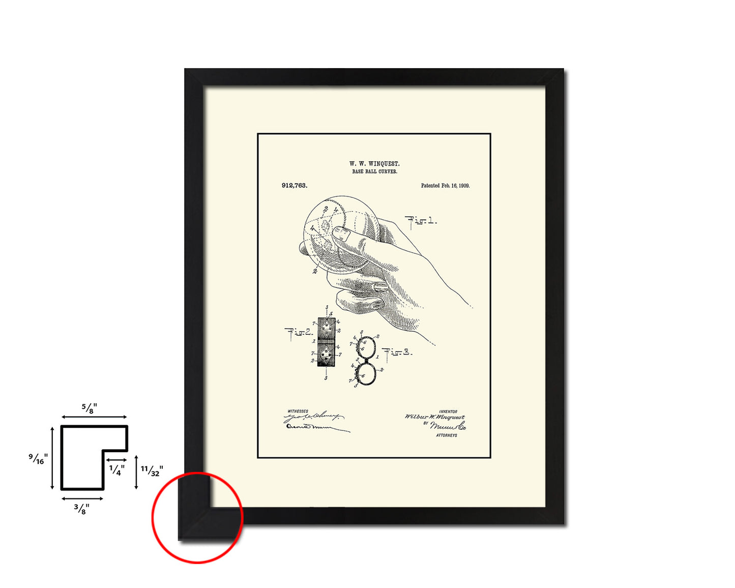 Baseball Curver Sports Vintage Patent Artwork Black Frame Print Gifts