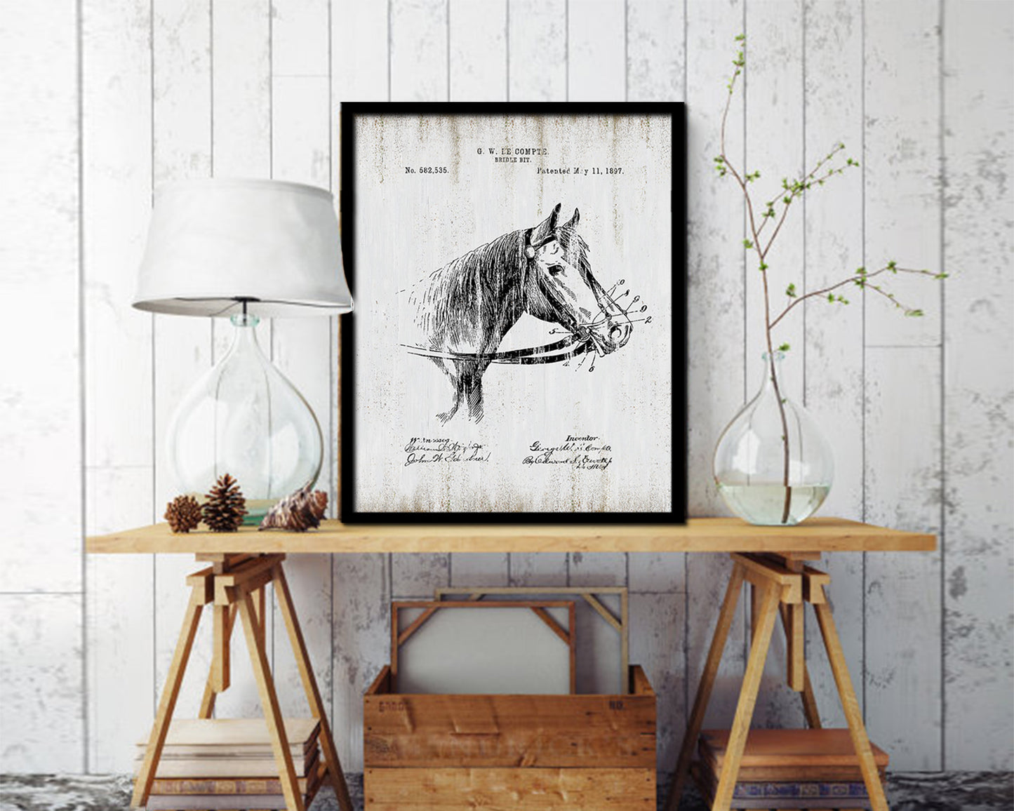 Horse Bridle Bit Farming Vintage Patent Artwork Black Frame Print Gifts