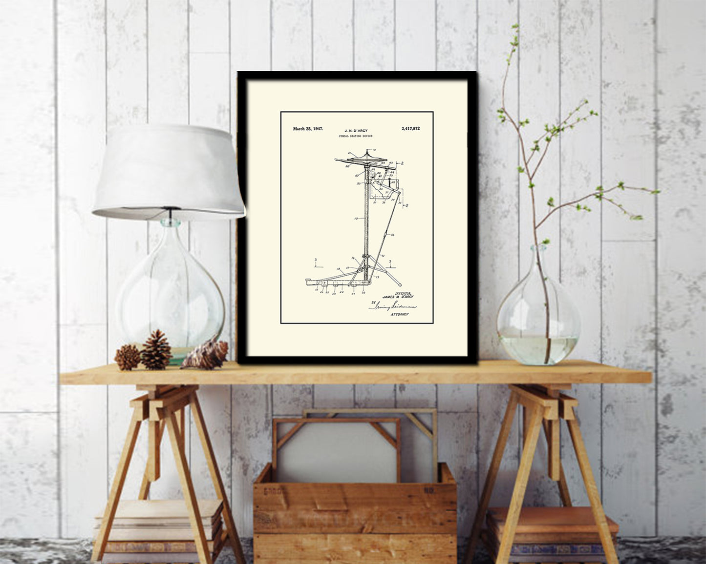 Cymbal Beating Device 1947 Music Vintage Patent Artwork Black Frame Gifts