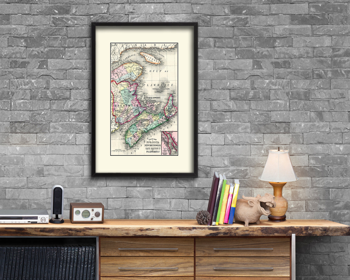 Nova Scotia New Brunswick Canada Old Map Wood Framed Print Art Wall Decor Gifts