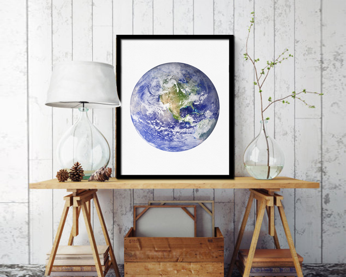 Earth Planet Prints Watercolor Solar System Wood Framed Paper Print Wall Art Decor Gifts