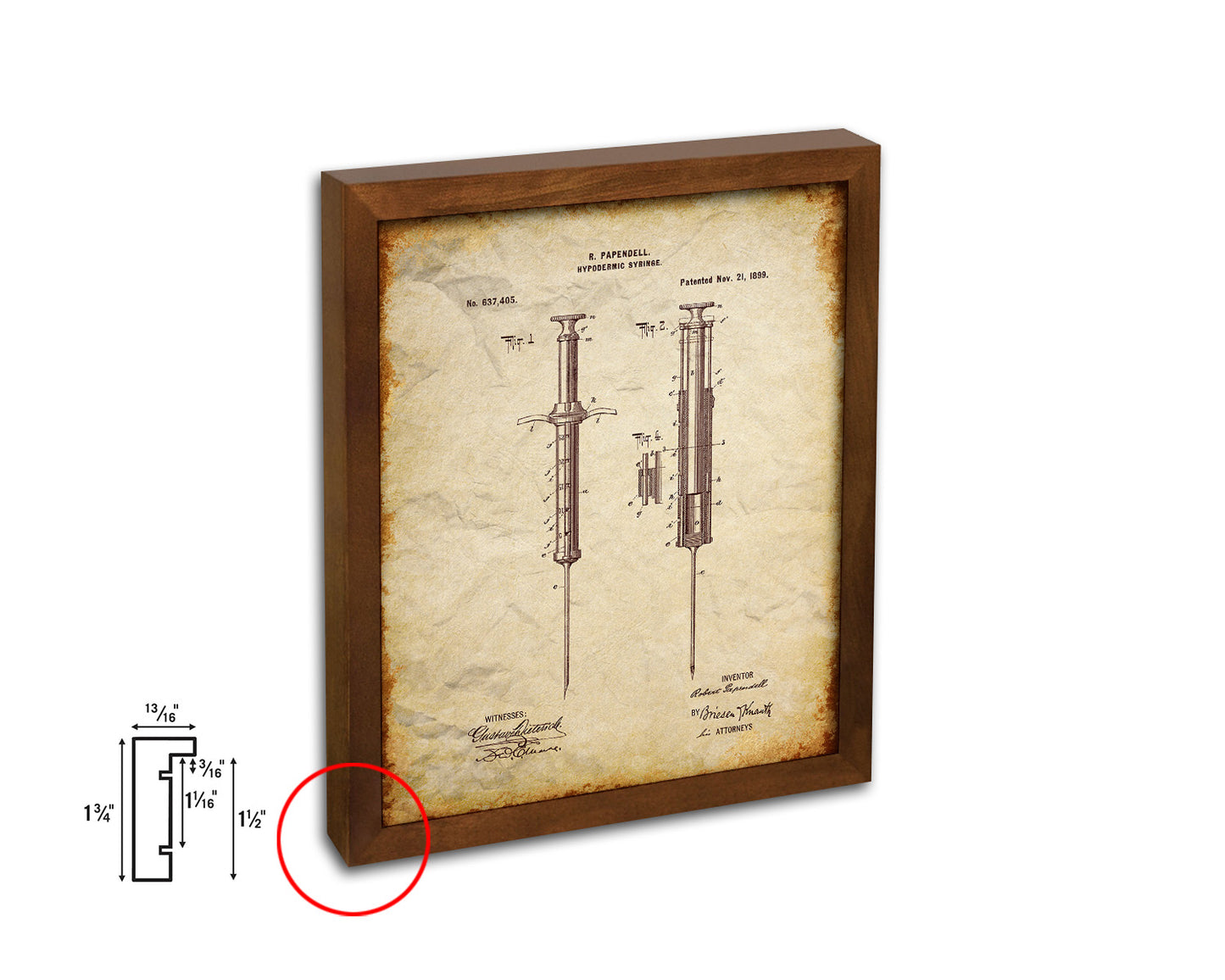 Papendell Hypodermic Syringe Doctor Vintage Patent Artwork Walnut Frame Gifts