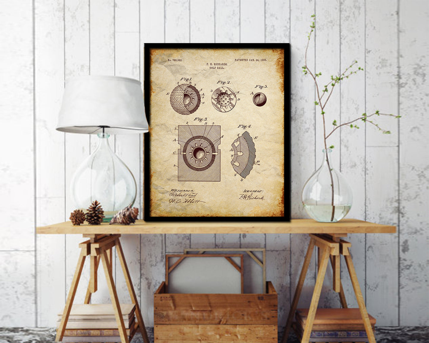 Golf Ball Sports Vintage Patent Artwork Walnut Frame Gifts