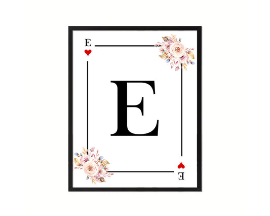 Letter E Personalized Boho Monogram Heart Playing Decks Framed Print Wall Art Decor Gifts