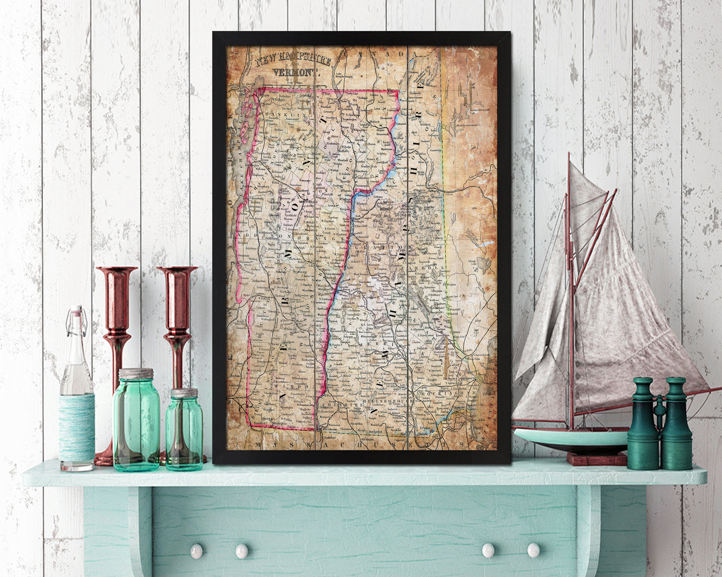 New Hampshire and Vermont Antique Map Wood Framed Print Art Wall Decor Gifts