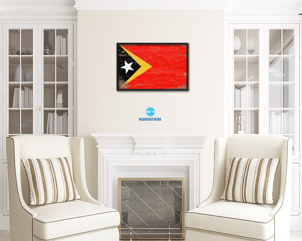 East Timor Shabby Chic Country Flag Wood Framed Print Wall Art Decor Gifts