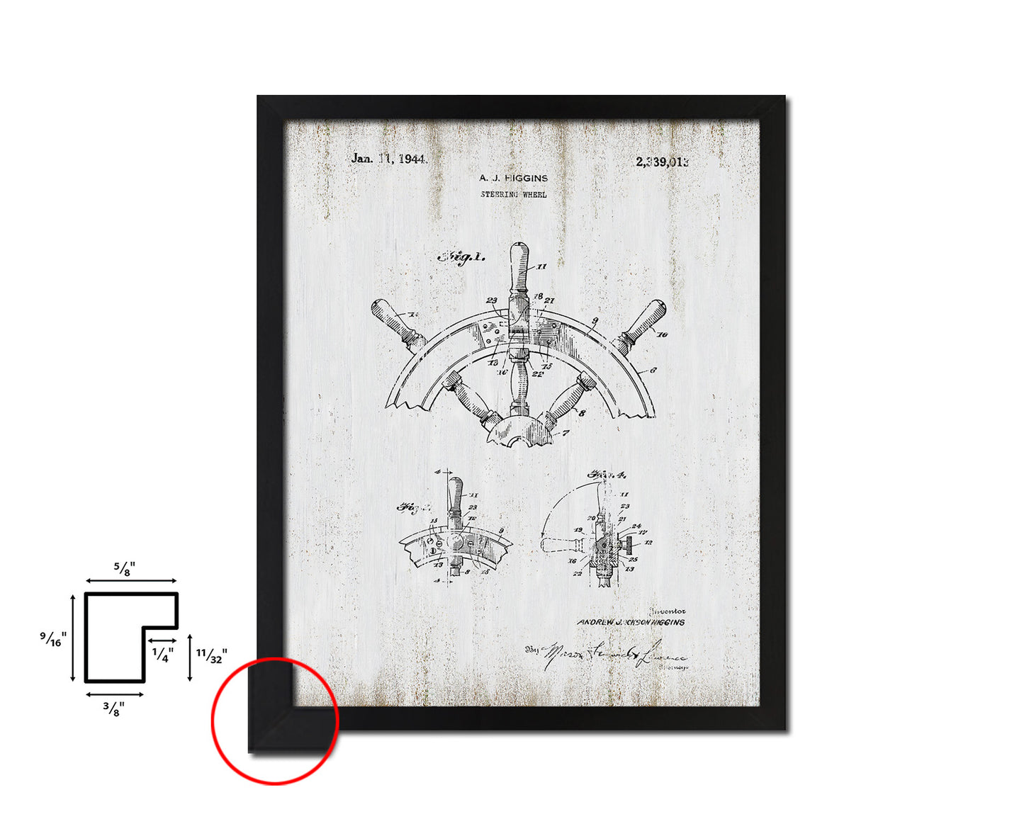 Steering Wheel Nautical Vintage Patent Artwork Black Frame Print Gifts