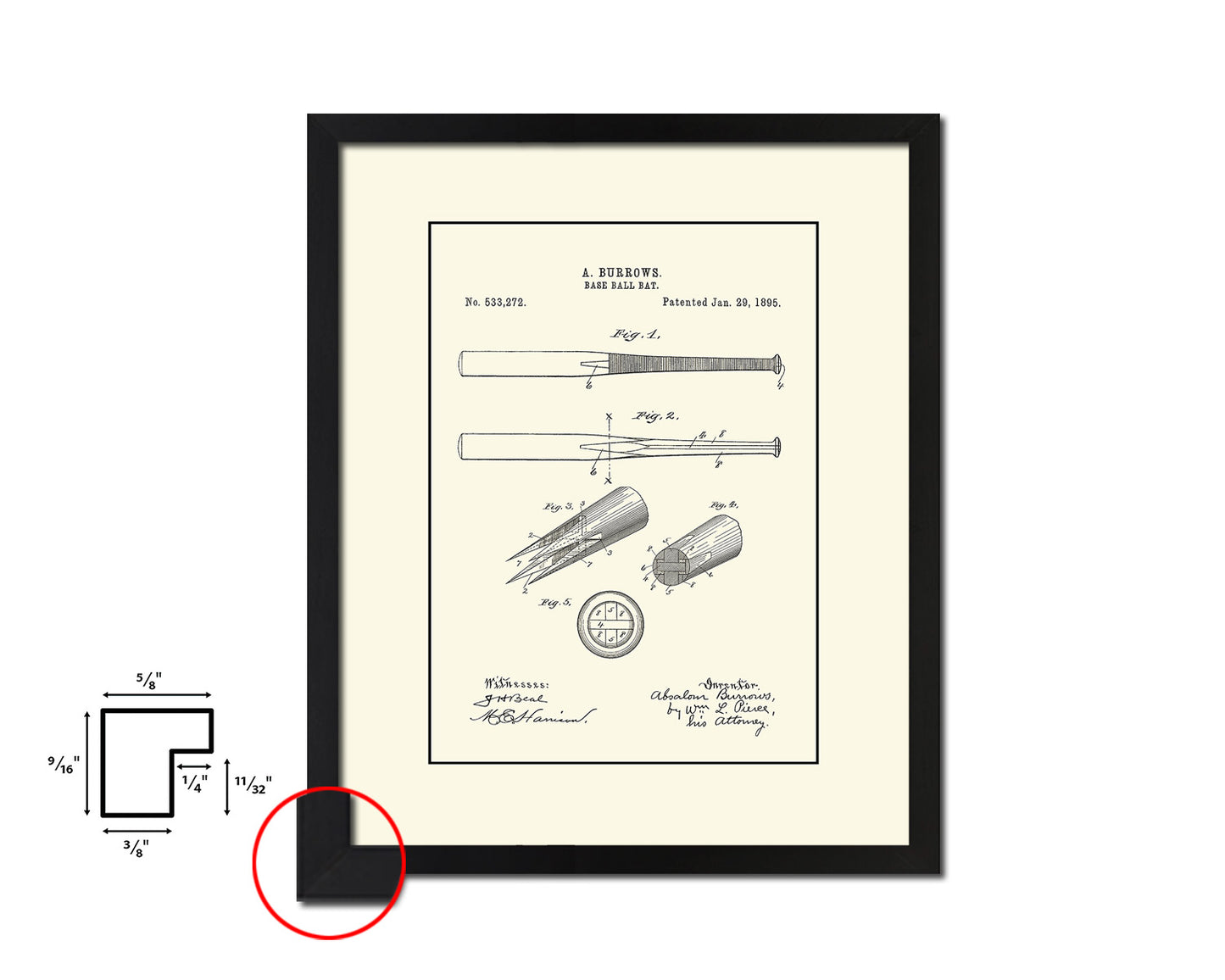 Baseball Bat Sports Vintage Patent Artwork Black Frame Print Wall Art Decor Gifts