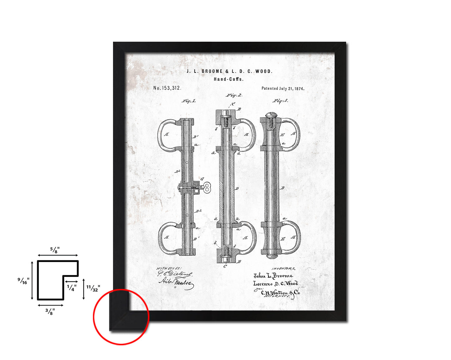 Handcuffs Police Vintage Patent Artwork Black Frame Print Wall Art Decor Gifts