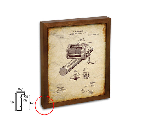 Line Reel Fishing Vintage Patent Artwork Walnut Frame Print Wall Art Decor Gifts