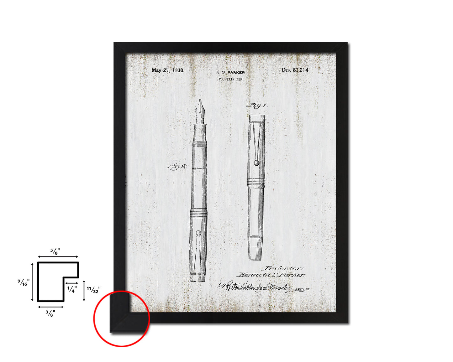 Fountain Pen Office Vintage Patent Artwork Black Frame Print Gifts