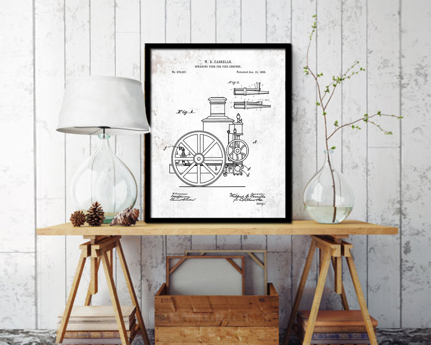 Speaking Tube Engines Firefighter Vintage Patent Artwork Black Frame Print Gifts