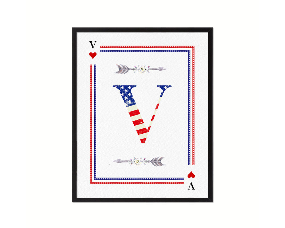 Letter V Custom Monogram Card Decks Heart American Flag Framed Print Wall Art Decor Gifts