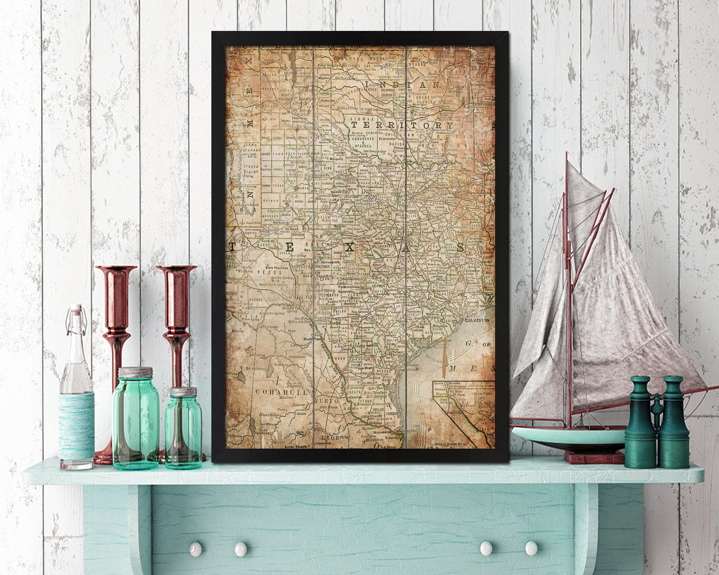 Texas with Oklahoma as Indian Territory Antique Map Wood Framed Print Art Wall Decor Gifts