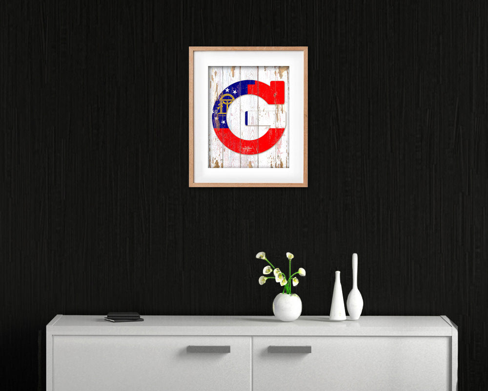 Georgia State Initial Flag Wood Framed Paper Print Decor Wall Art Gifts, Beach