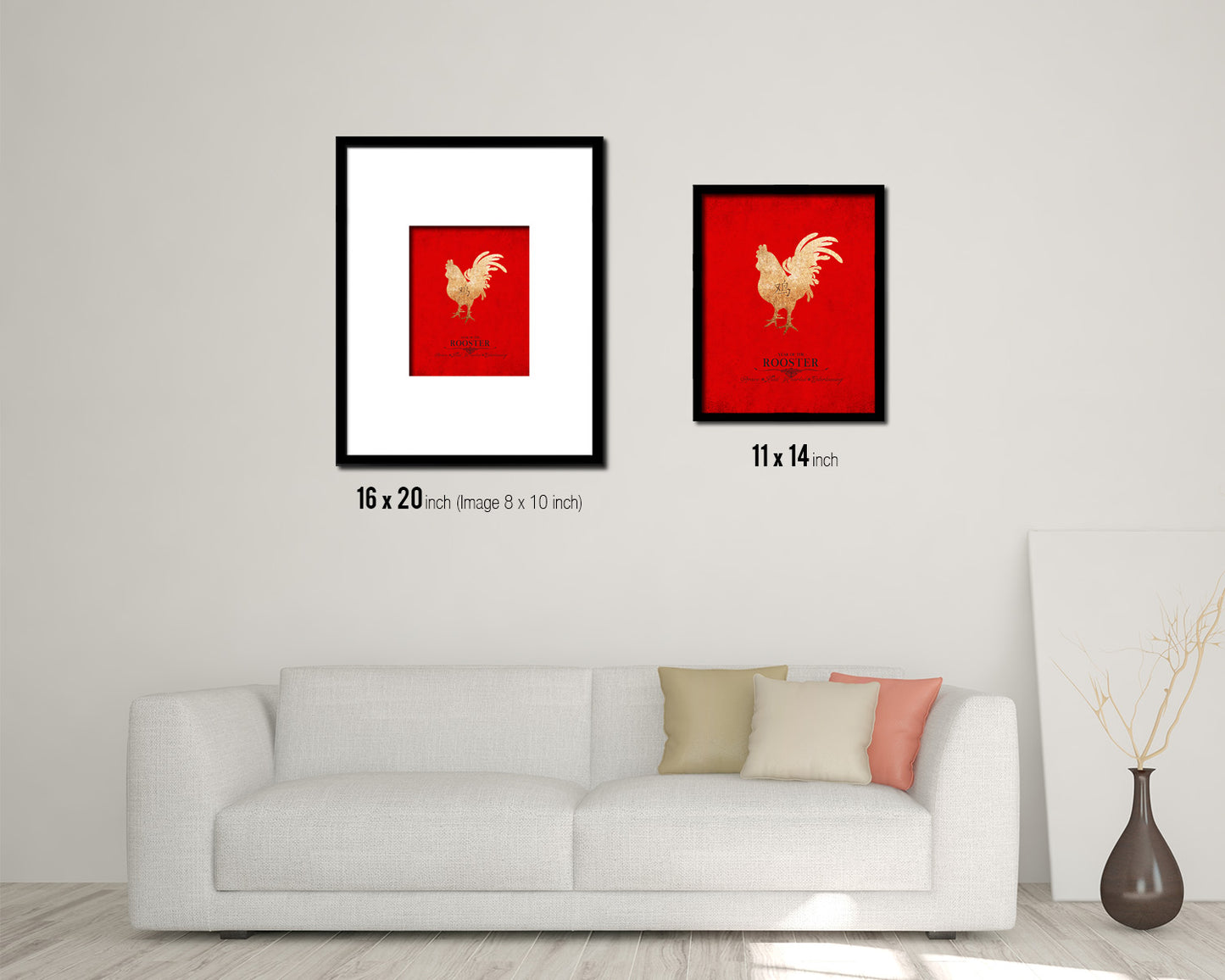 Rooster Chinese Zodiac Character Black Framed Art Paper Print Wall Art Decor Gifts, Red