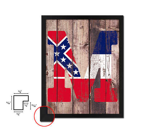 Mississippi State Initial Flag Wood Framed Paper Print Decor Wall Art Gifts, Wood