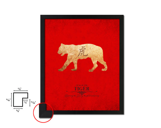 Tiger Chinese Zodiac Character Black Framed Art Paper Print Wall Art Decor Gifts, Red