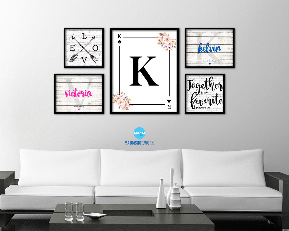 Letter K Personalized Boho Monogram Clover Card Decks Framed Print Wall Art Decor Gifts