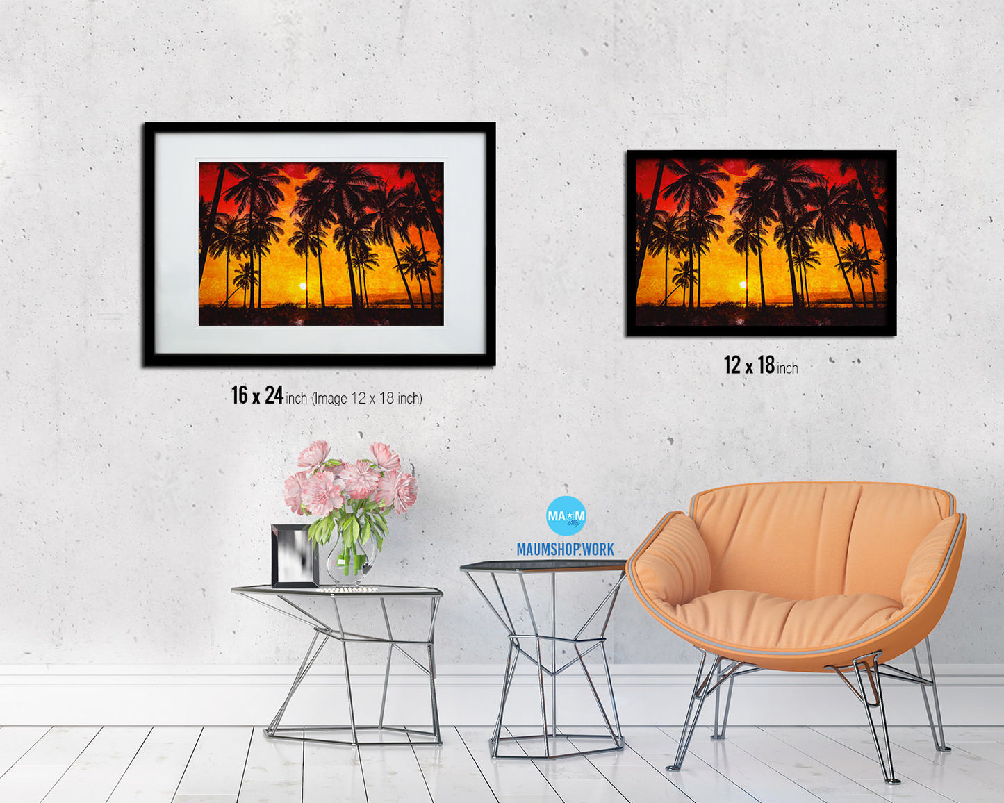 Coconut Palm Trees Beach Sunset Artwork Painting Print Art Frame Home Wall Decor Gifts