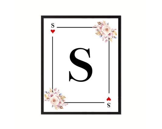 Letter S Personalized Boho Monogram Heart Playing Decks Framed Print Wall Art Decor Gifts