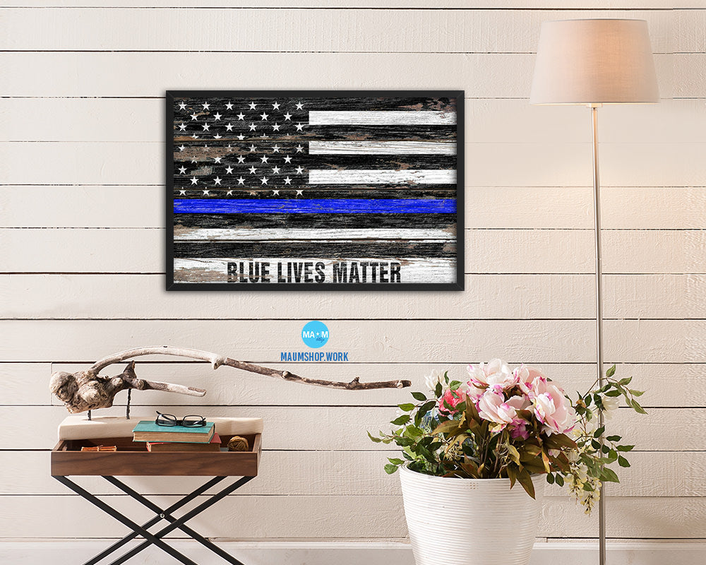 Thin Blue Line Honoring Law Enforcement American, Blue lives matter Wood Rustic Flag Framed Print Art