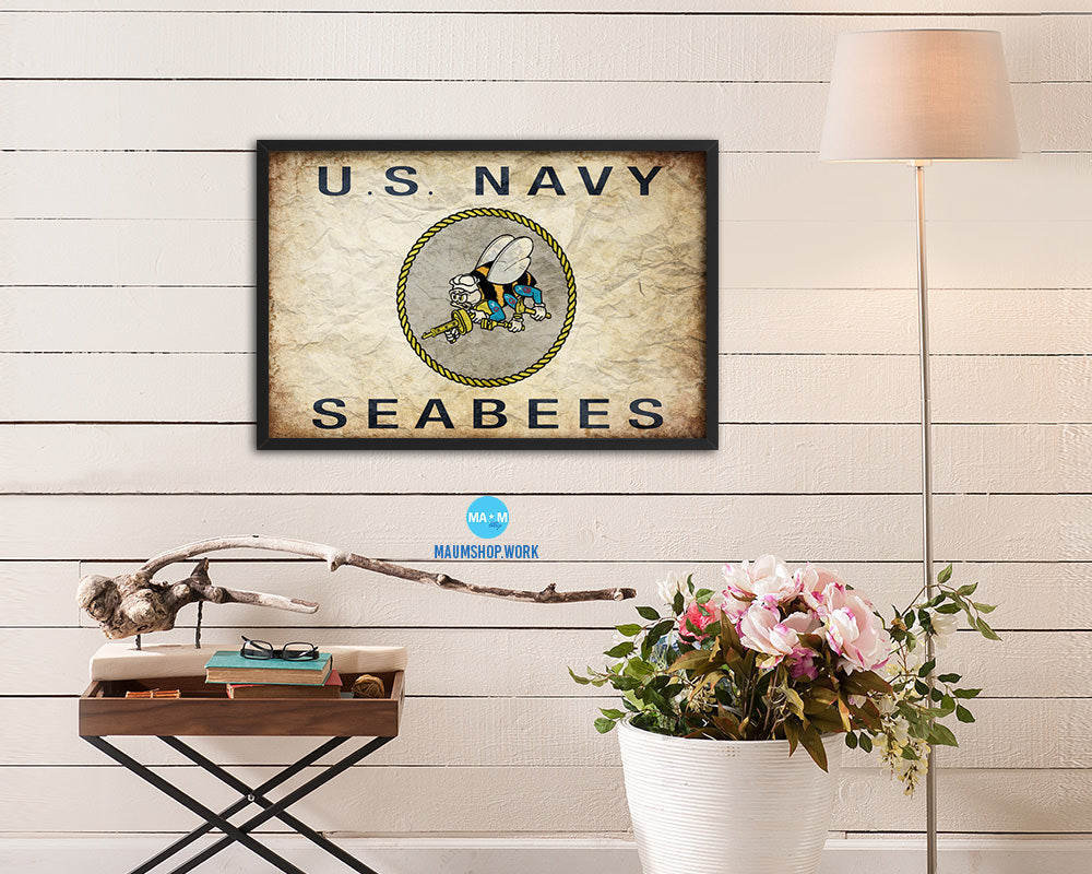 US Navy Seabees Vintage Military Flag Framed Print Sign Decor Wall Art Gifts