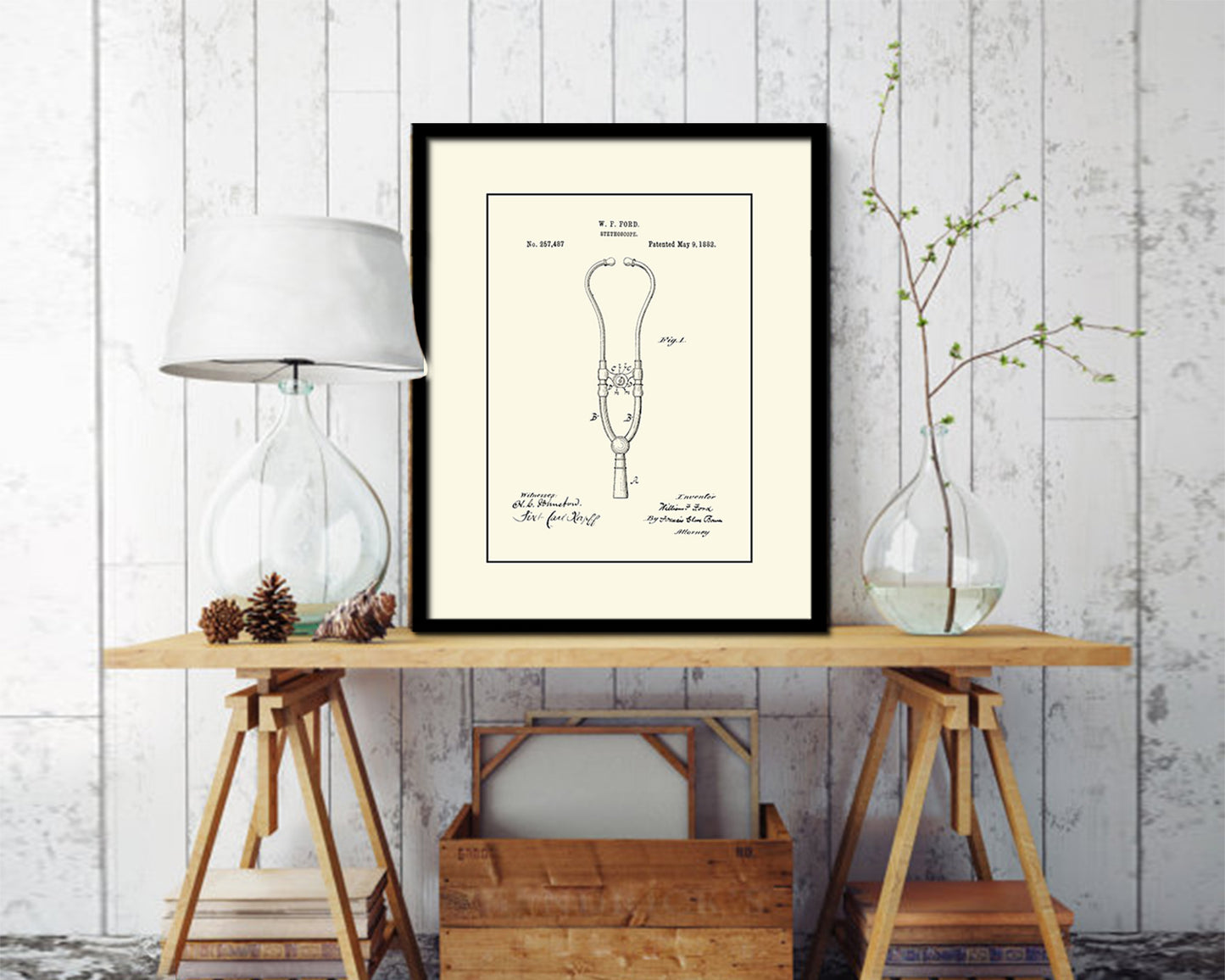 Tools Ford Stethoscope Doctor Vintage Patent Artwork Black Frame Print Gifts