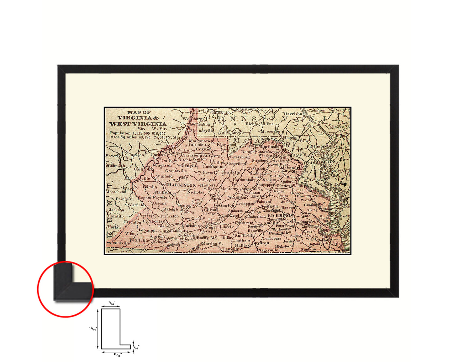 Virginia and West Virginia Circa Old Map Framed Print Art Wall Decor Gifts