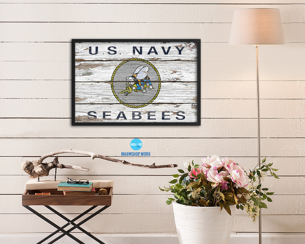 US Navy Seabees Wood Rustic Flag Wood Framed Print Wall Art Decor Gifts