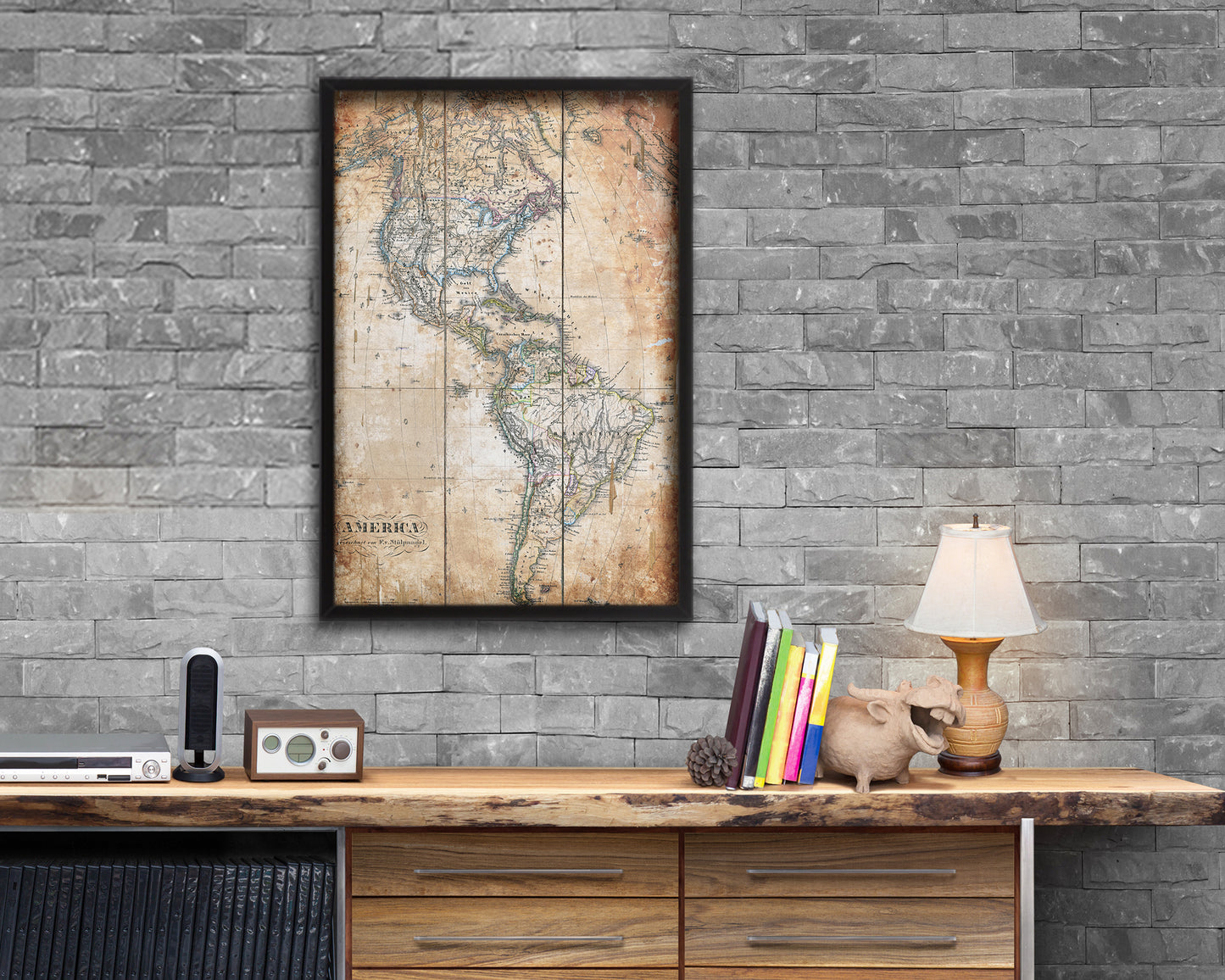 North and South America Antique Map Wood Framed Print Art Wall Decor Gifts