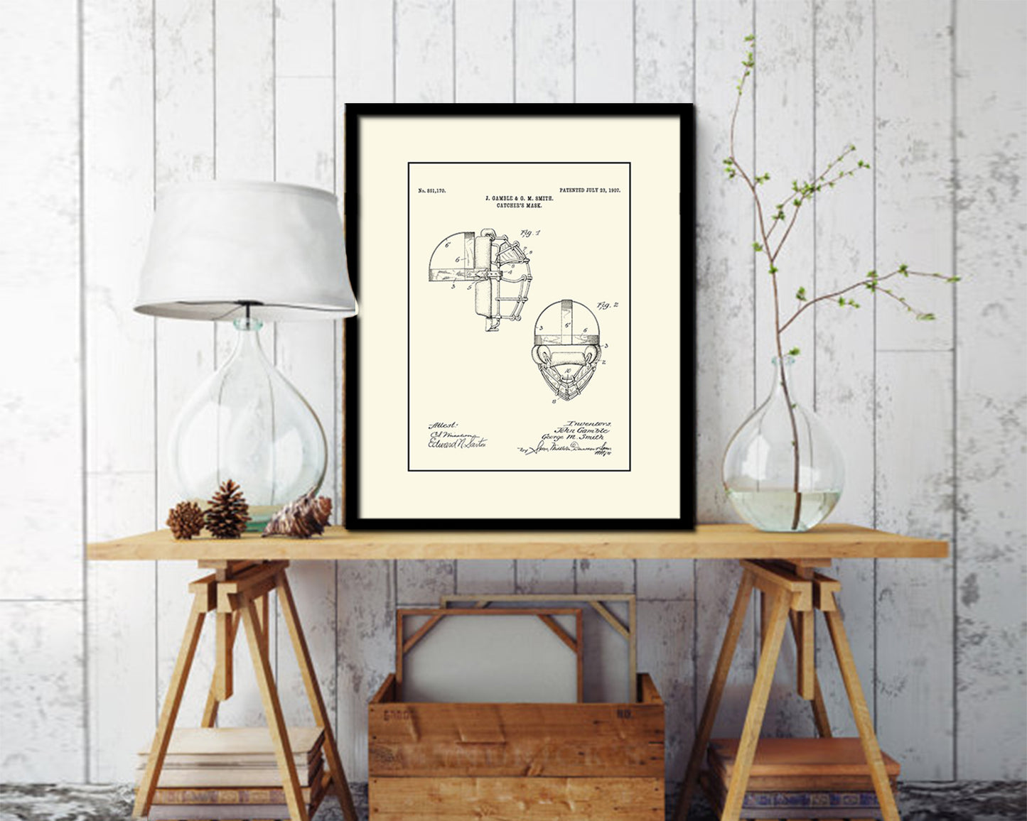 Baseball Catcher's Mask Sports Vintage Patent Artwork Black Frame Print Gifts