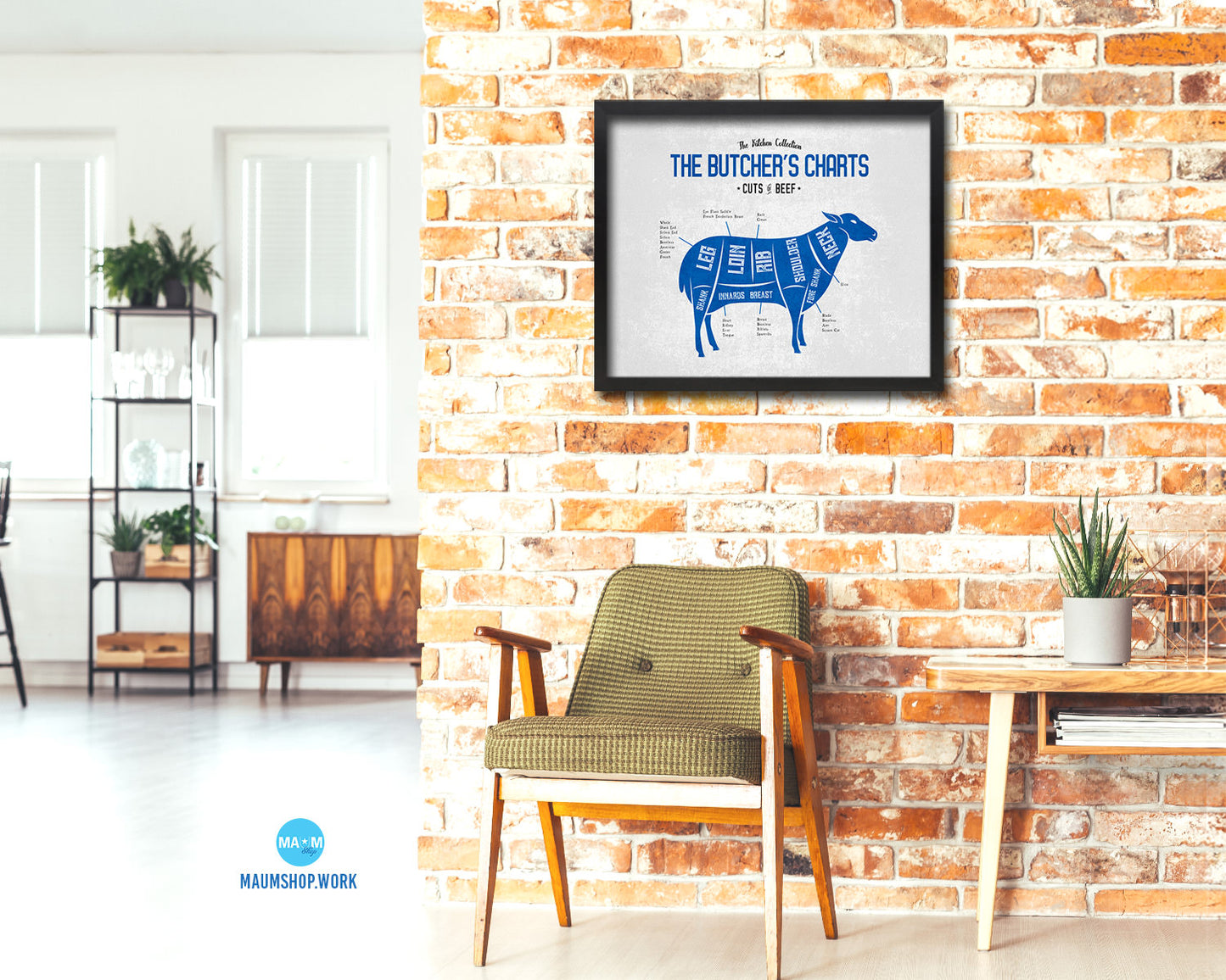 Lamb  Meat Cuts Butchers Chart Wood Framed Paper Print Home Decor Wall Art Gifts