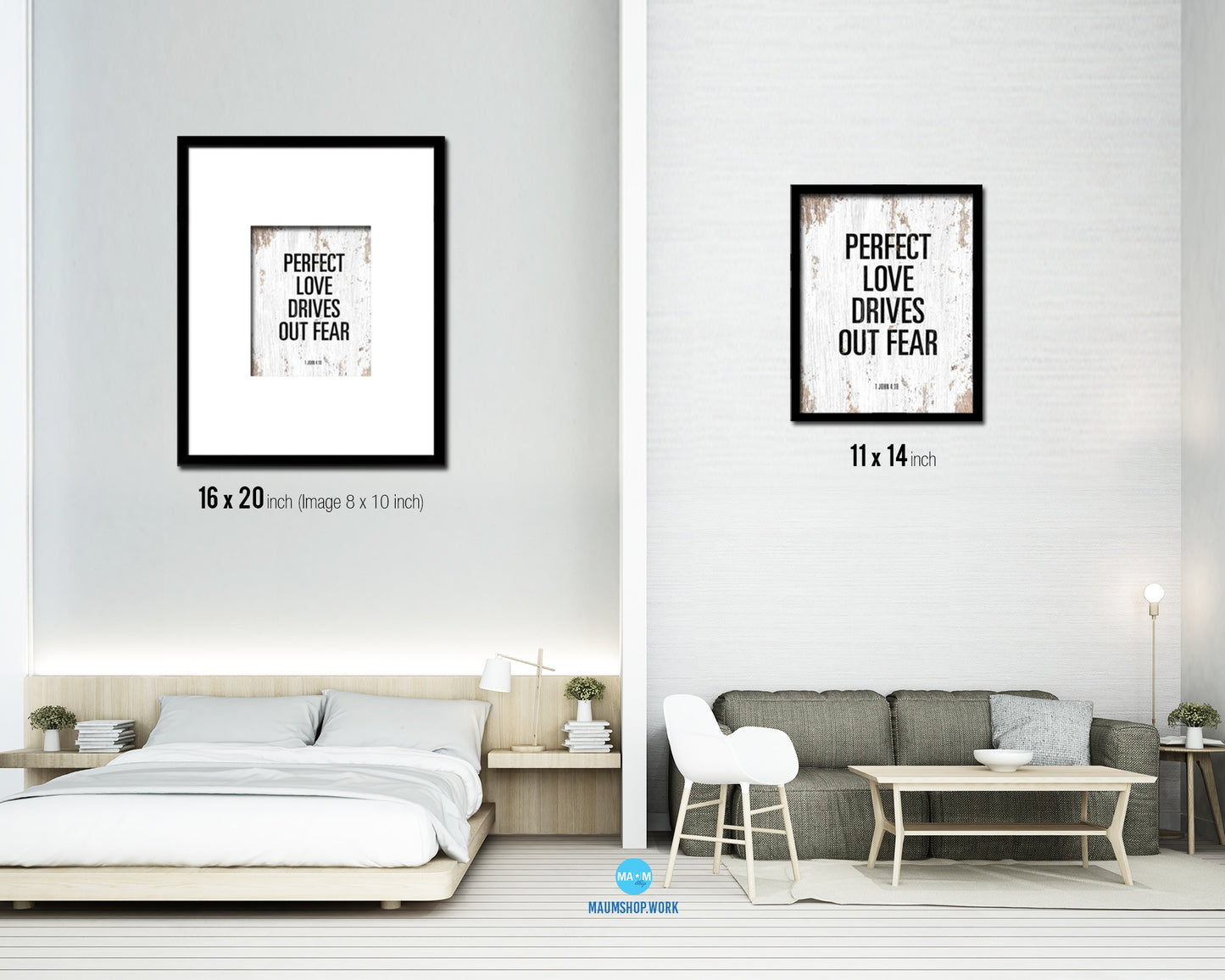 Perfect love drives out fear, 1 John 4:18 Quote Framed Print Home Decor Wall Art Gifts