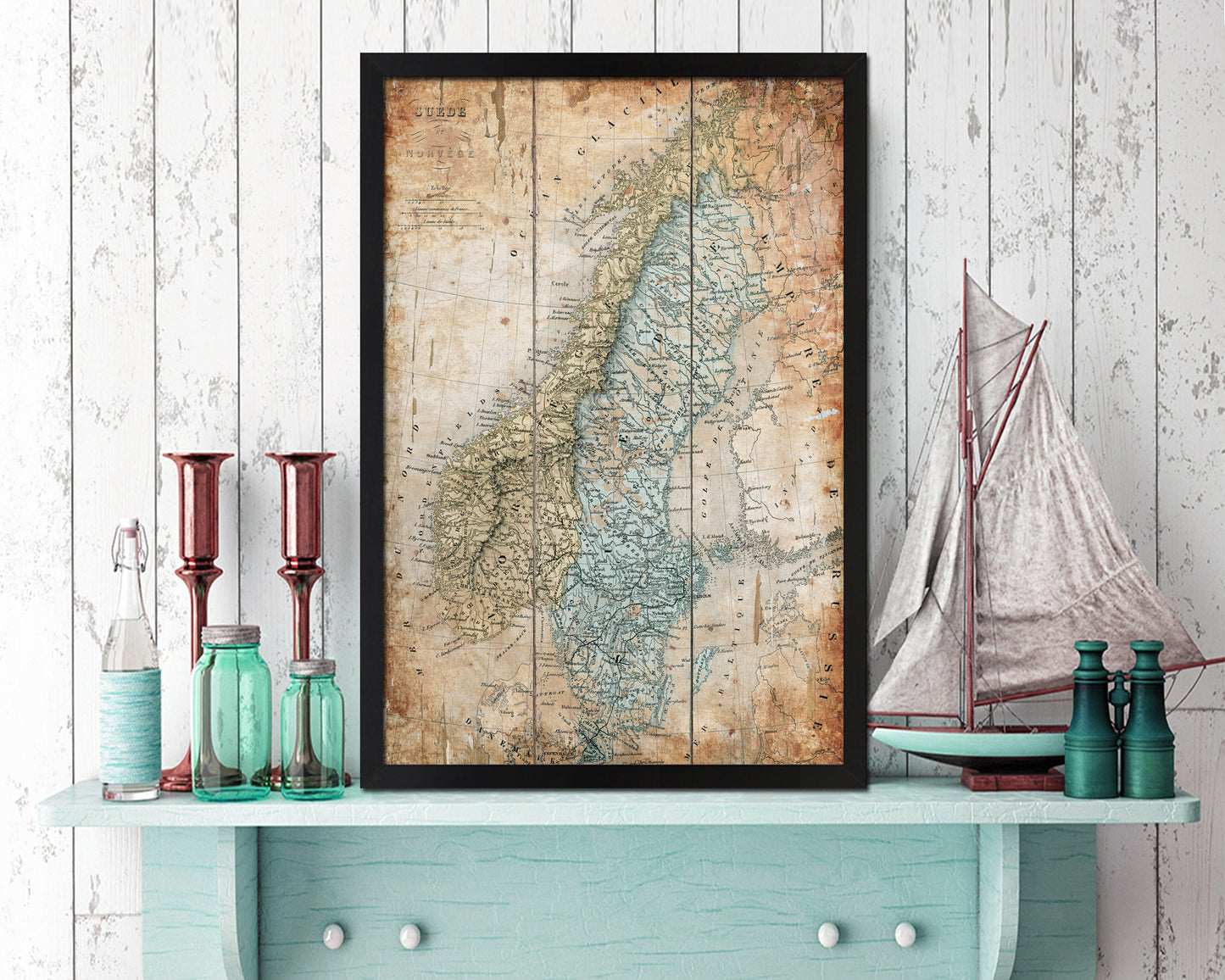 Sweden and Norway Antique Map Wood Framed Print Art Wall Decor Gifts