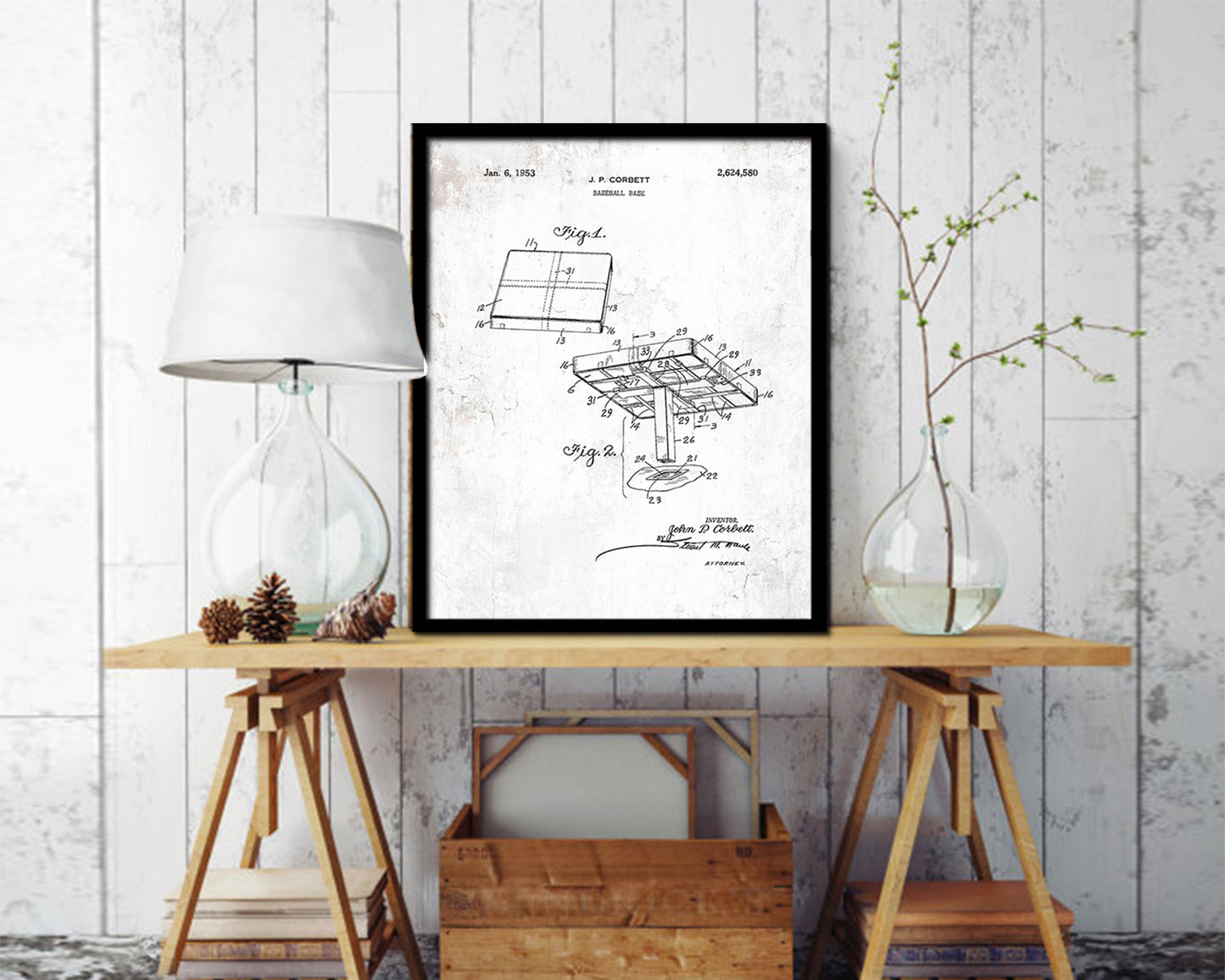 Baseball Base Sports Vintage Patent Artwork Black Frame Print Wall Art Decor Gifts